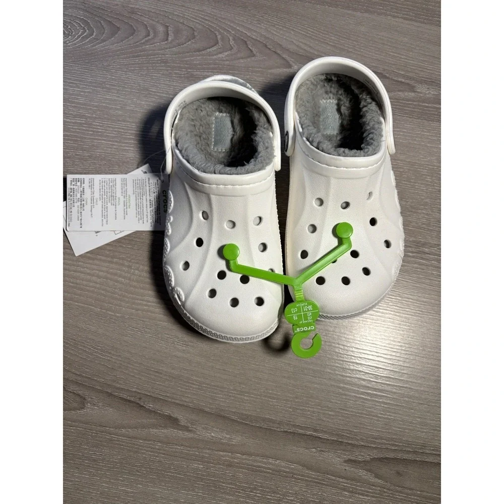 NWT Crocs Girls 13 Baya Lined Clog K White Grey Fuzzy Fleece‎ Kids School Summer